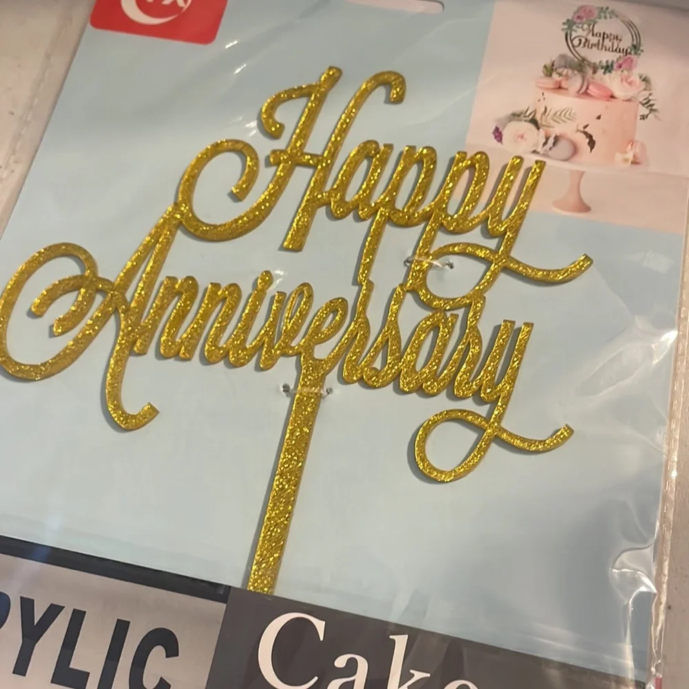 NIB Acrylic “Happy Anniversary” Glittery Gold Cake Topper